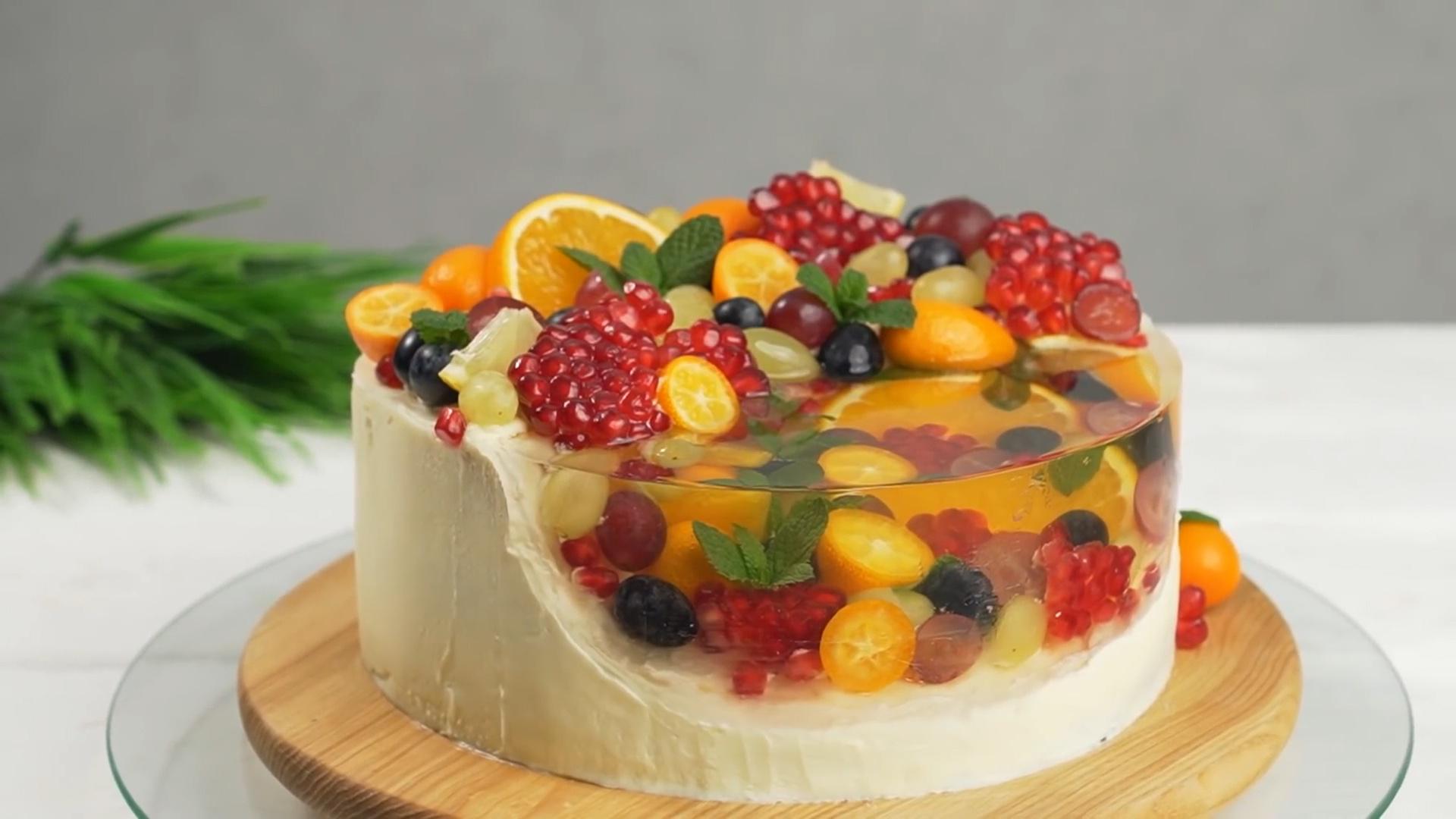 简单零失败的水果果冻慕斯蛋糕!一刀下去q弹诱人,在家就能做