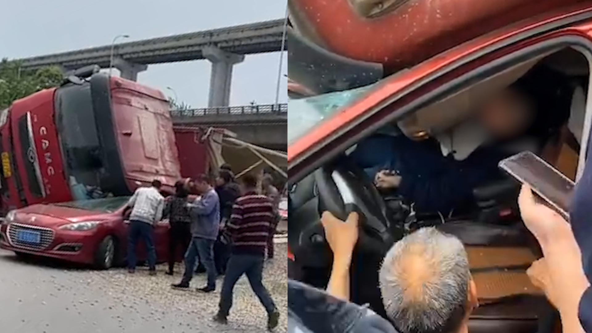 渣土车侧翻压扁小轿车,被压车辆副驾上还坐着一名孕妇
