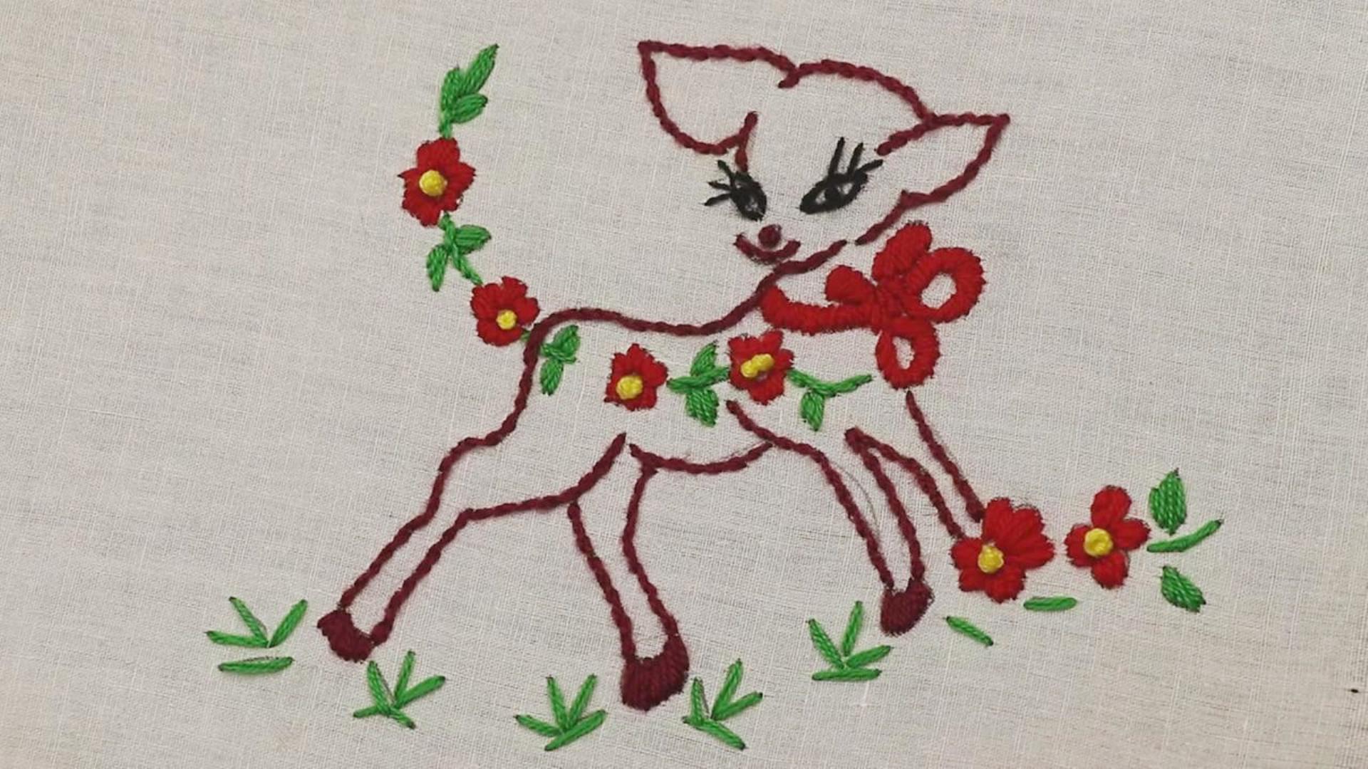 手工刺绣教学,简单小鹿图案的刺绣方法!