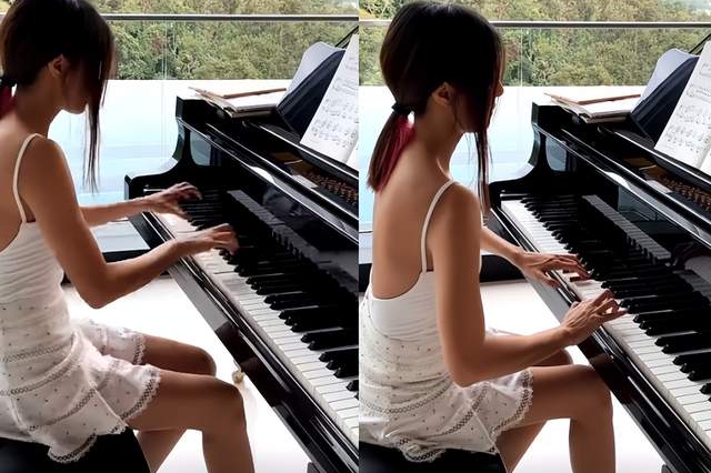 钢琴女神李元玲光脚弹琴,手指纤细又修长,穿吊带裙秀娇嫩肌肤