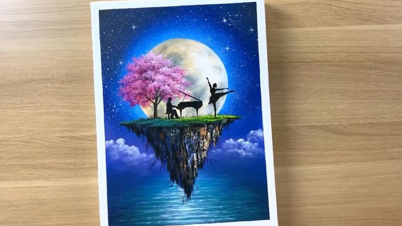 手工绘画教程,樱花悬浮岛的简单画法!