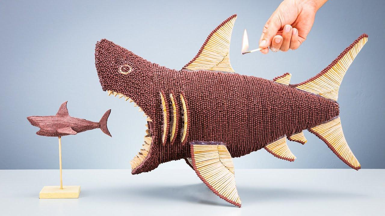 牛人脑洞大开,用火柴diy"大白鲨",点燃后精彩上演了!