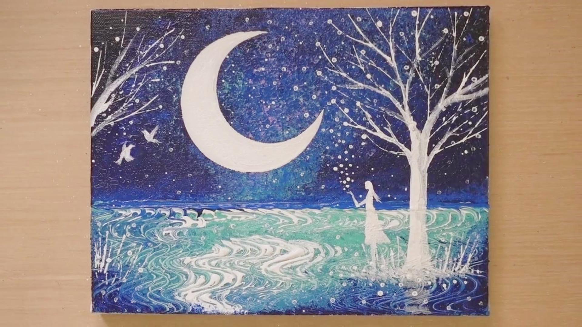 手工绘画教程,湖边弯月的绘画方法!