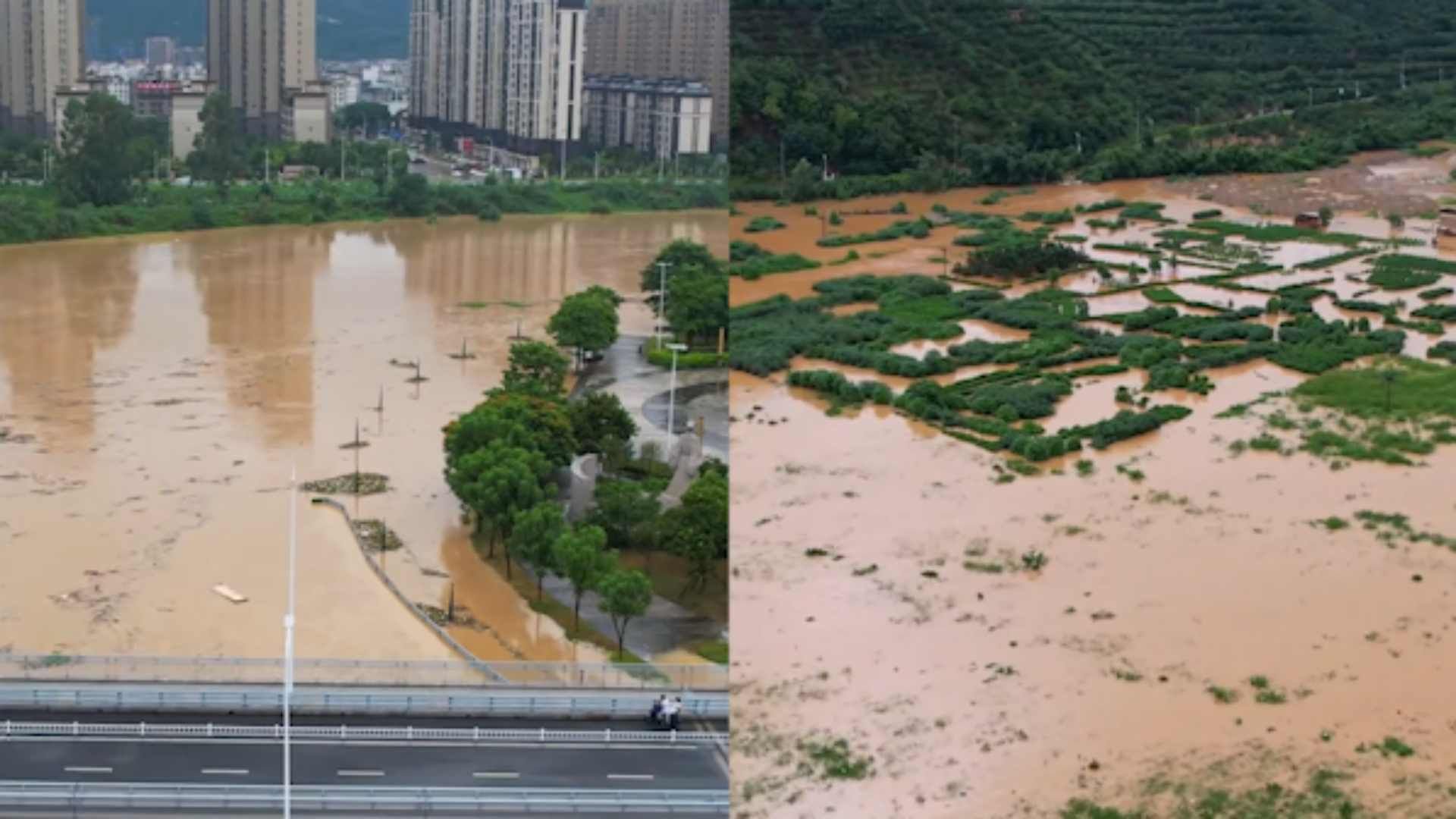 台风苏拉带来强降雨，航拍漳州平和内涝实景：洪水临近桥面_新浪新闻