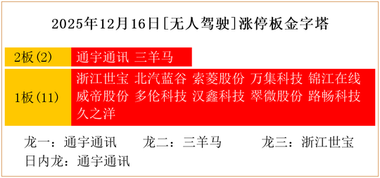 2025年12月16日[无人驾驶]涨停板金字塔