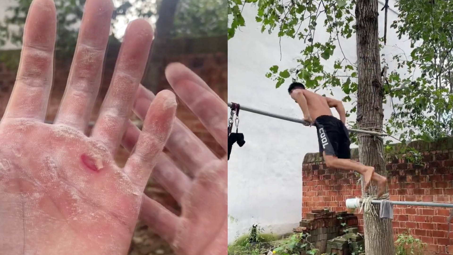 乡村小伙杨树上练单杠,掌心的茧都磨破了,动作堪比运动员