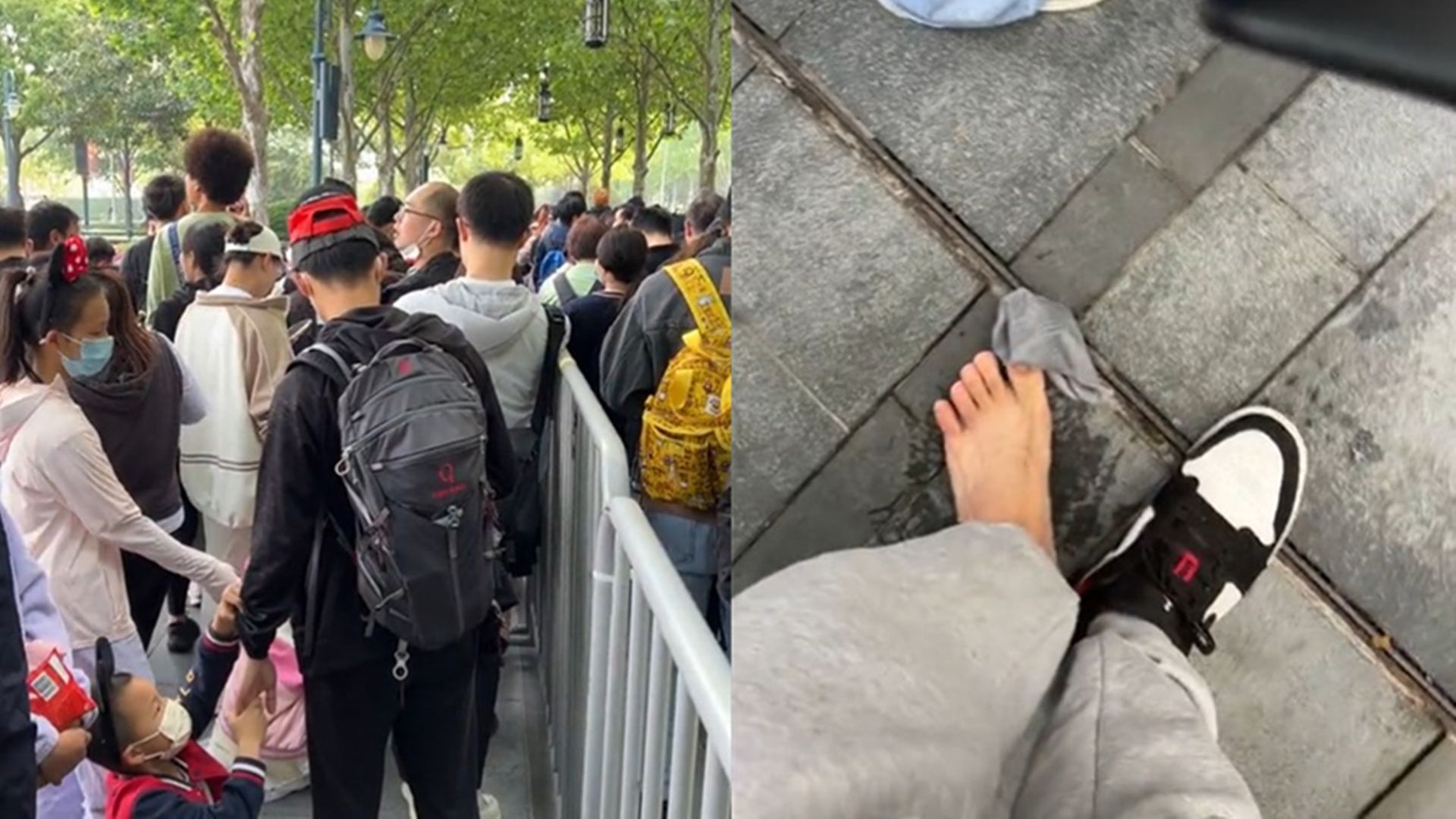 男子逛迪士尼被人潮挤丢鞋,嘴里不停念叨:我的鞋呢,我不想玩了_新浪新闻