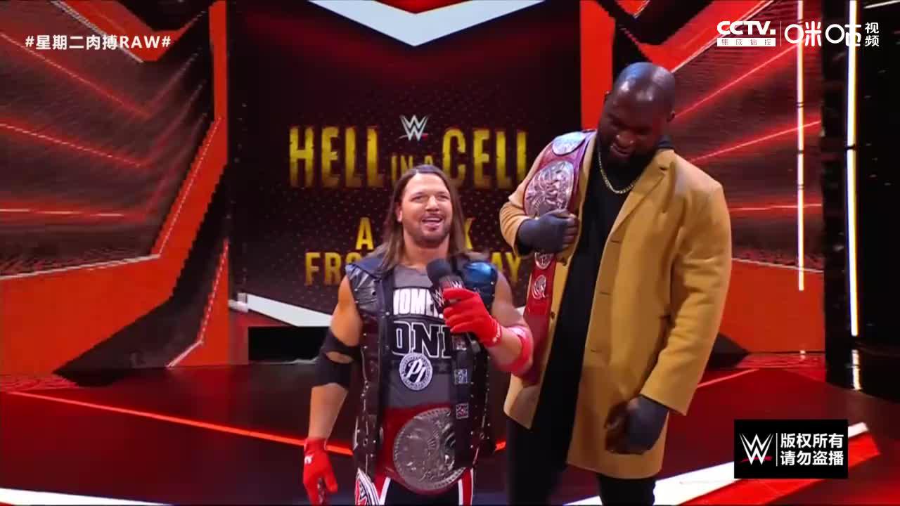 raw第1463期:aj数落众双打组合 里德尔展示rk老铁超萌logo