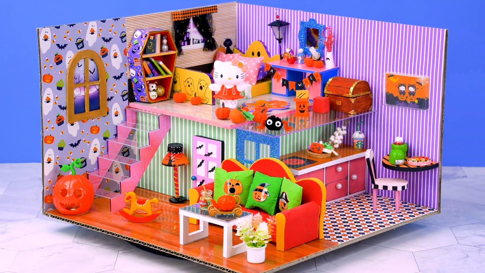 diy迷你娃娃屋南瓜灯装饰的卡通卧室