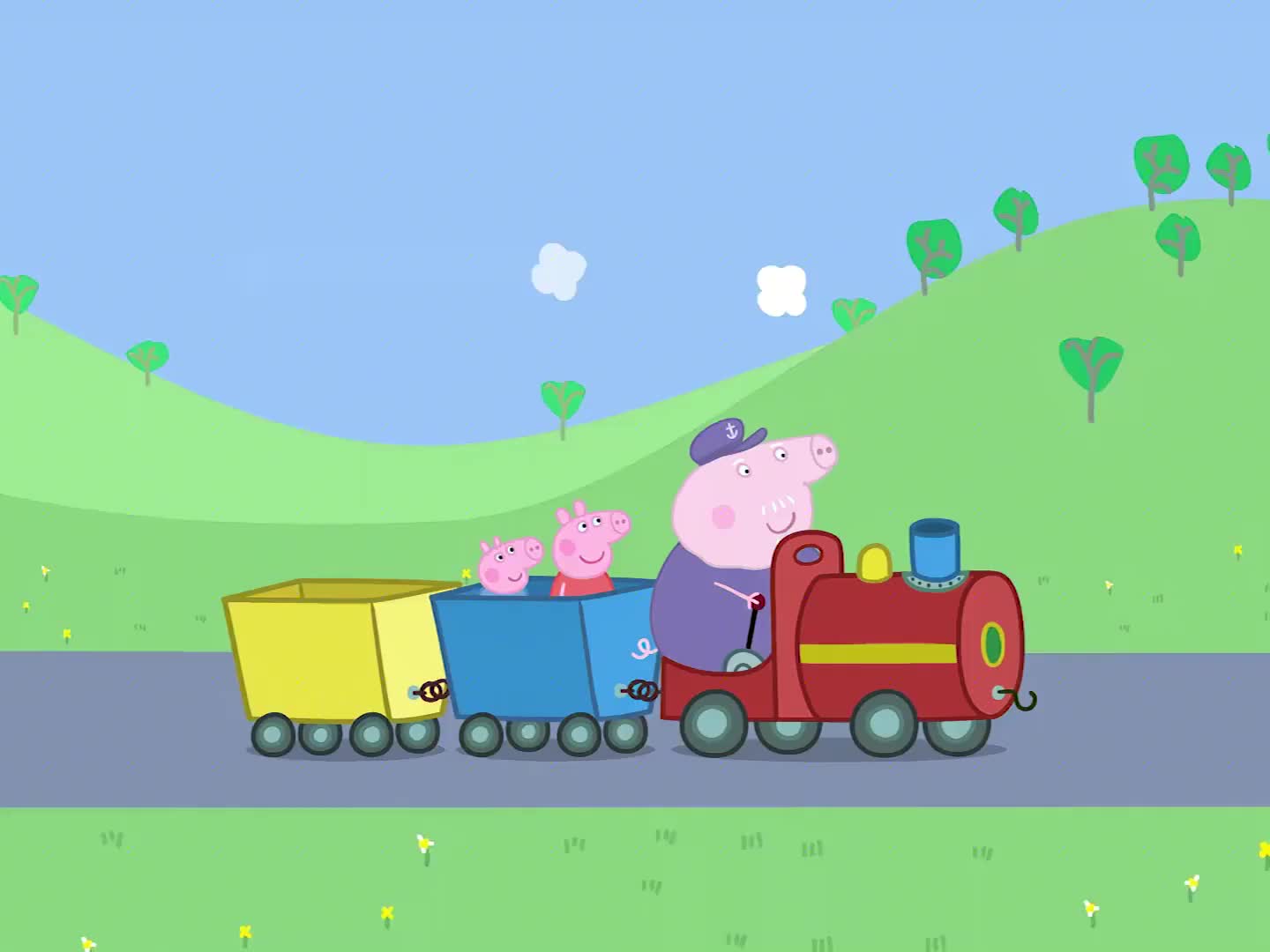 小猪佩奇猪爷爷开着小火车遇上坏了的大火车让大家坐小火车去上班