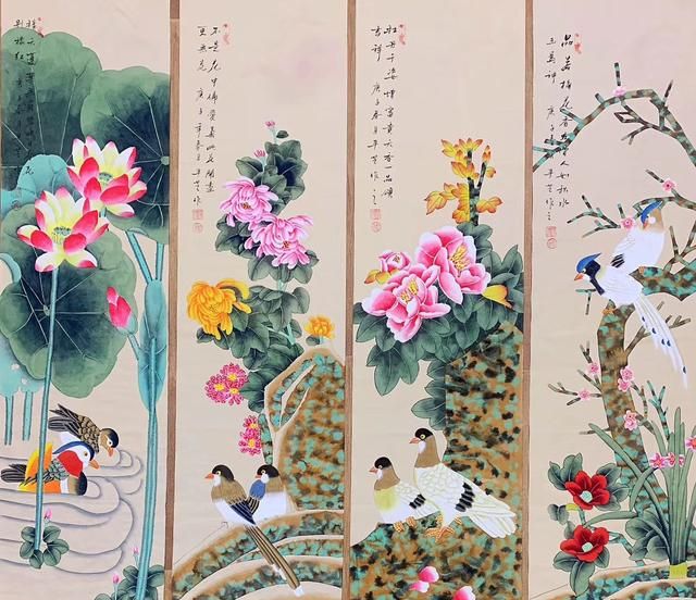 禅意花鸟画家高云鹏花鸟四条屏赏心悦目