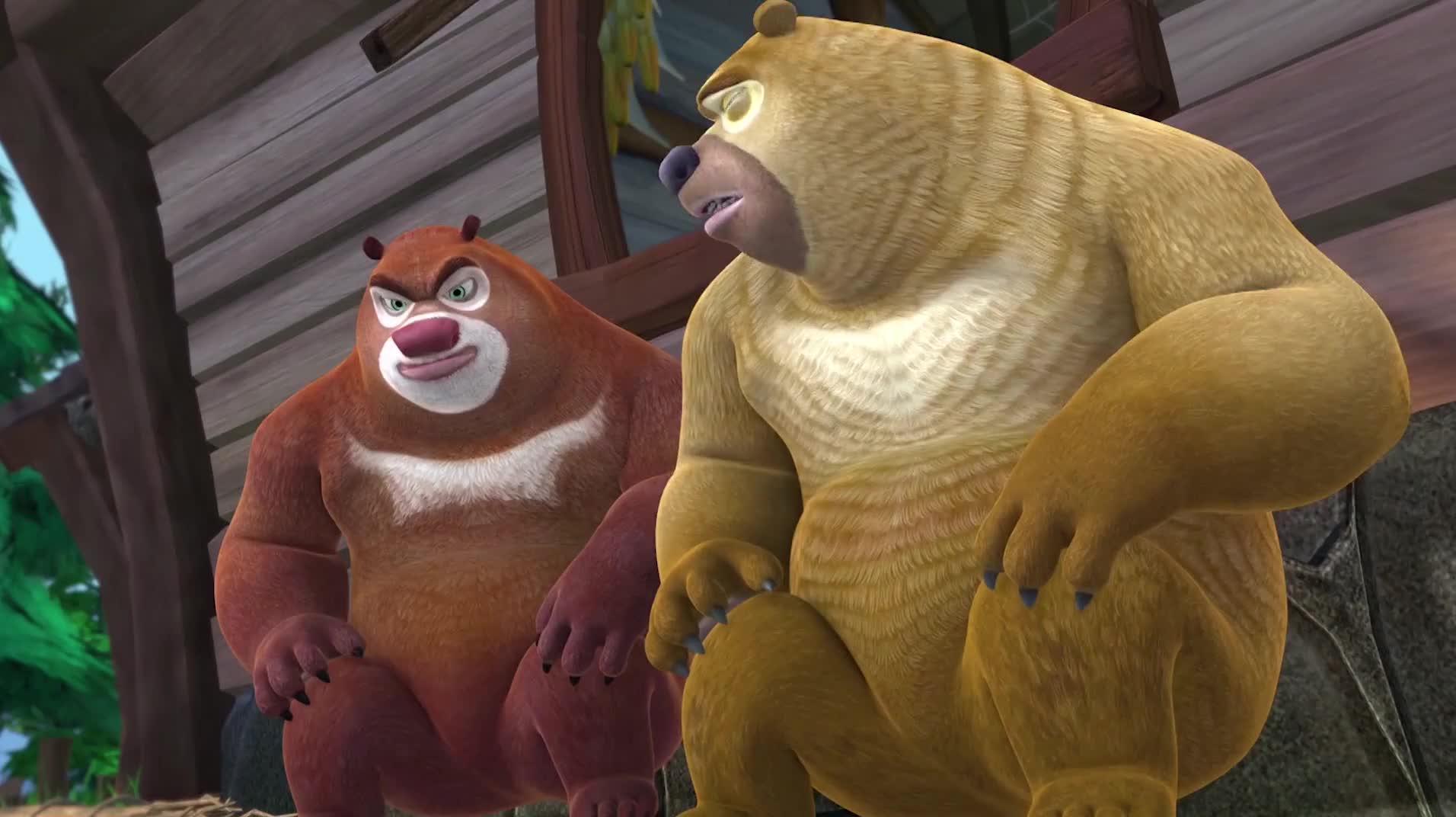 熊出没不好熊大熊二阻止光头强砍树不料差点弄坏摄像机