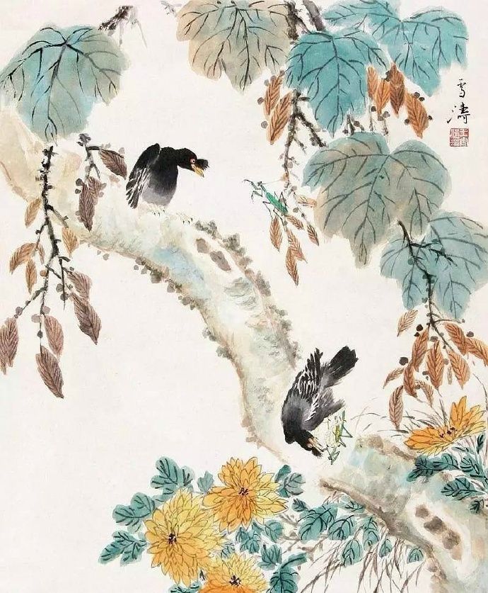注重整颗菊花整体的外形,使整幅作品奔放活泼.王雪涛画菊