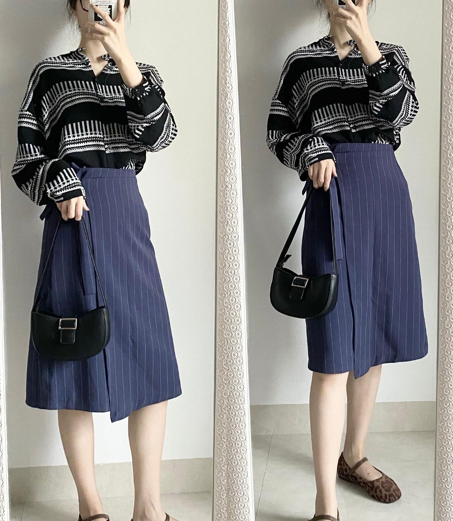 45kg 早秋衬衫 半裙穿搭,显高时髦!|半身裙|雪纺|条纹_新浪新闻