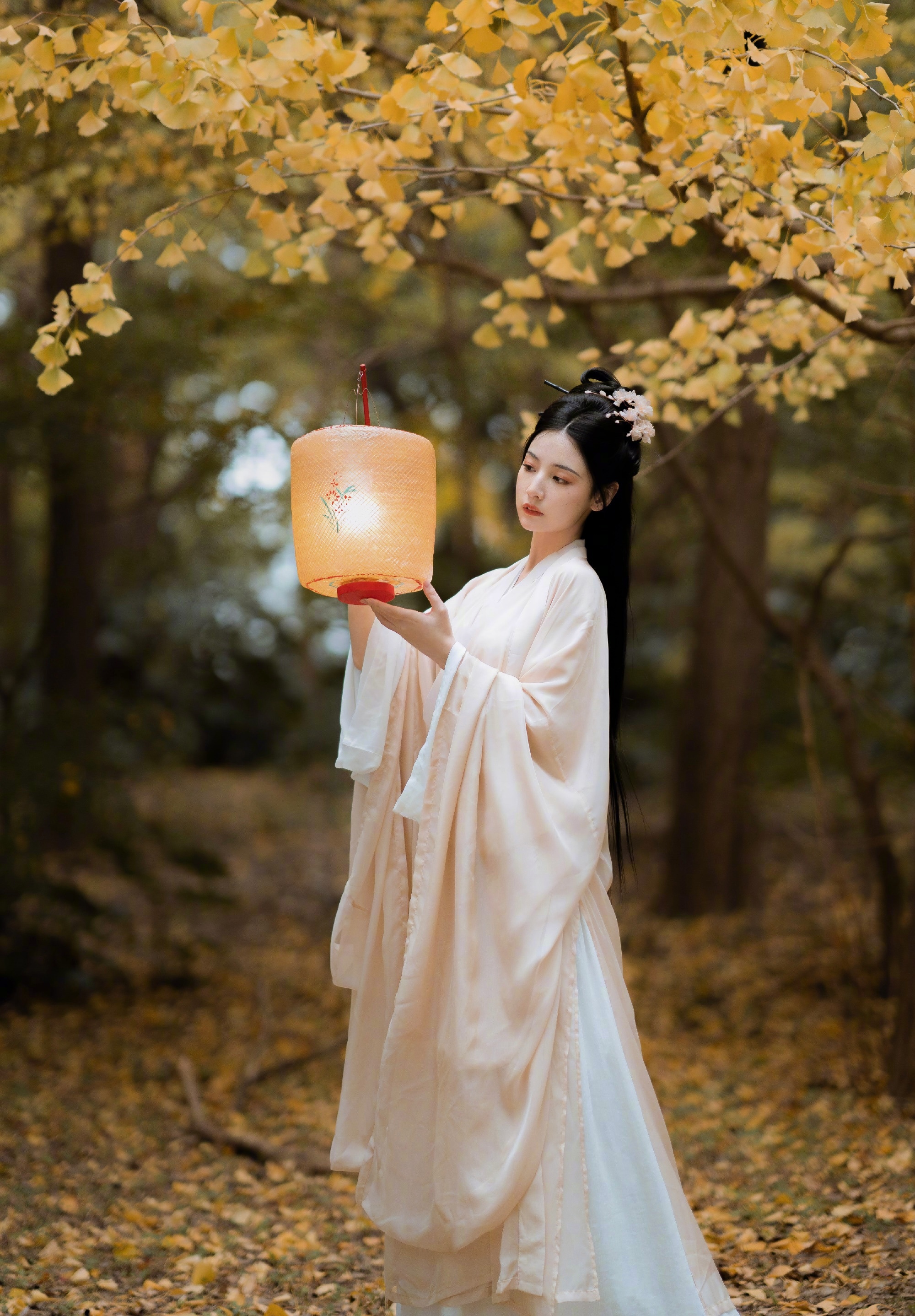赵粤秋日银杏古风大片清冷系古风美人展现柔美气质