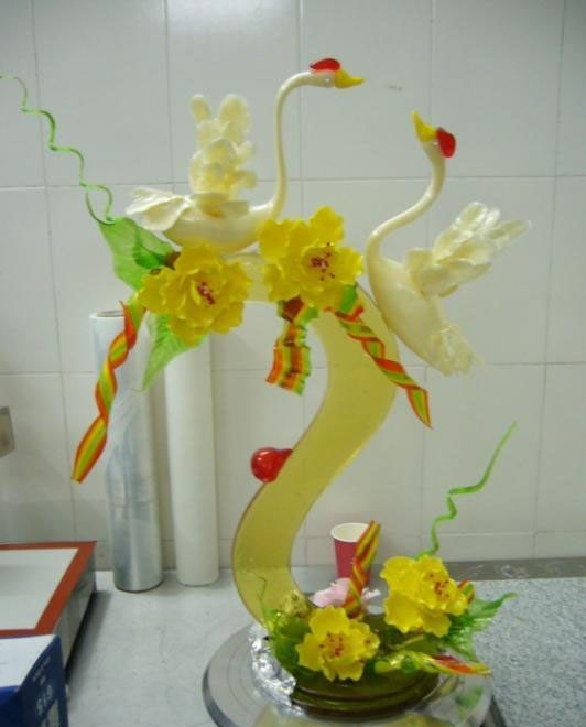 葡萄糖或饴糖等经过配比,熬制,拉糖,吹糖等造型方法加工处理糖艺"是一