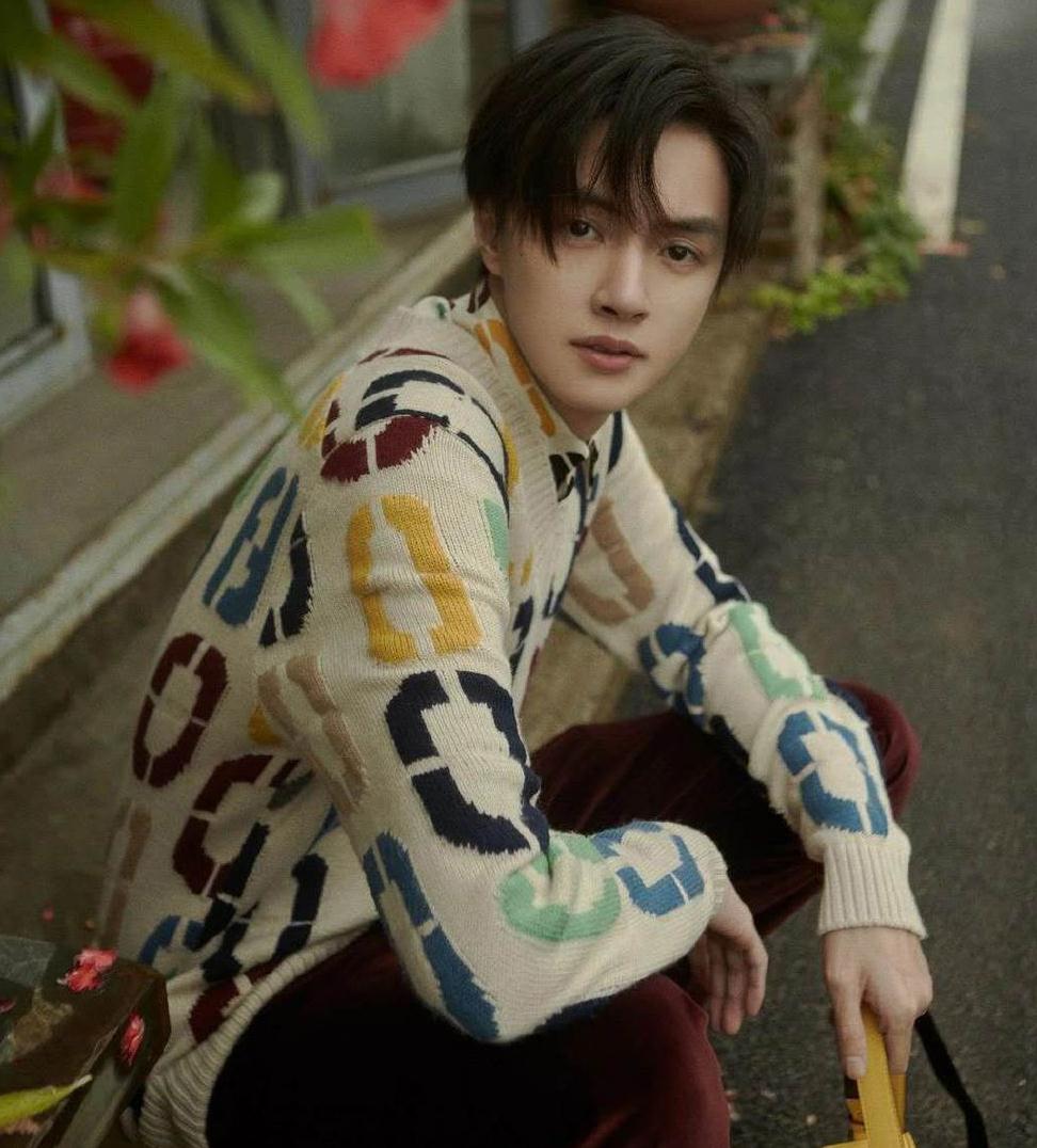 官鸿身穿v领毛衣内搭同款印花衬衫,再搭配一只黄色立方小包