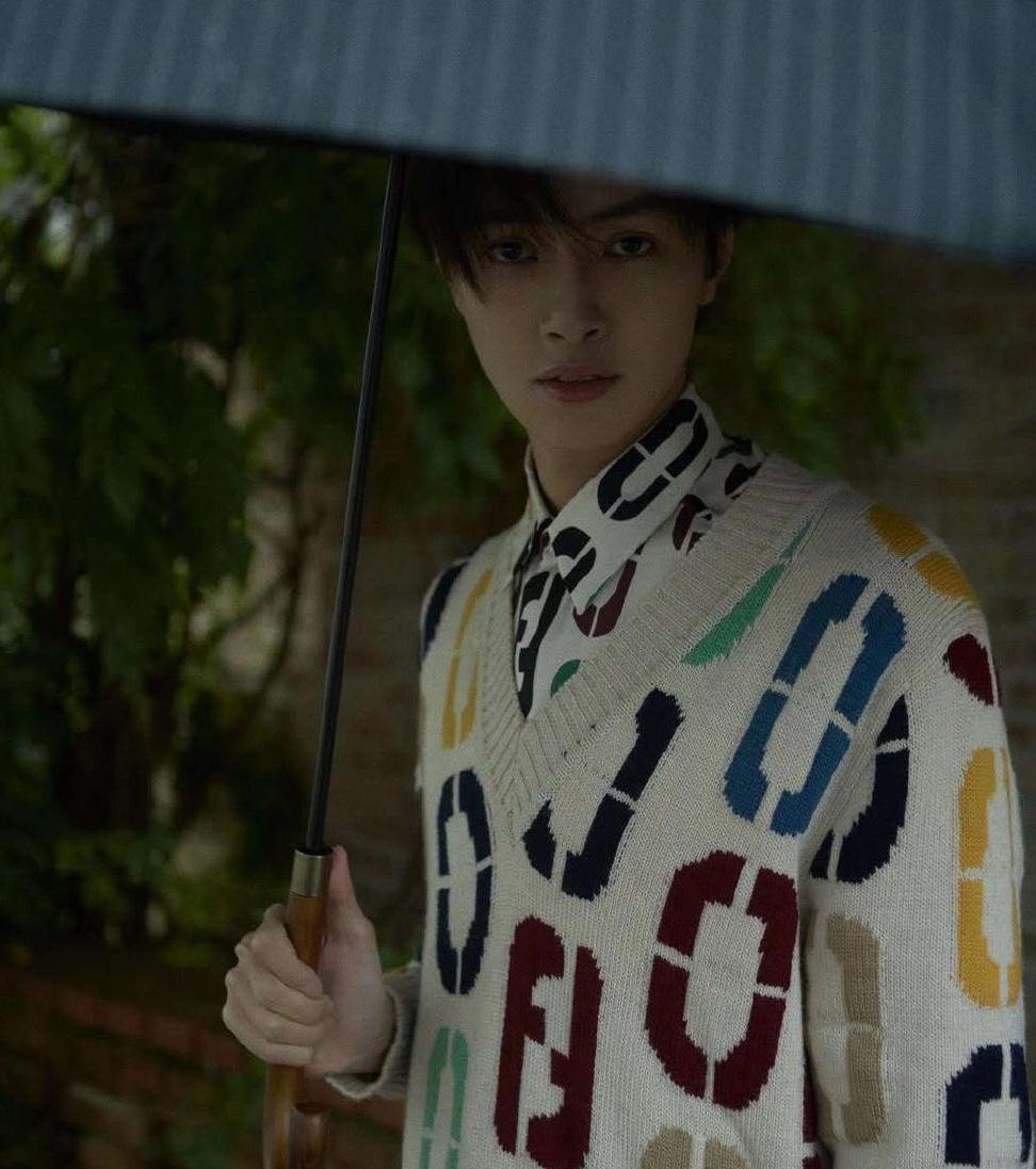 官鸿身穿v领毛衣内搭同款印花衬衫,再搭配一只黄色立方小包