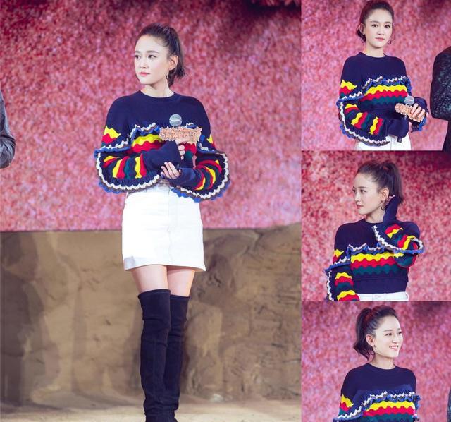 陈乔恩恋爱后又嫩又甜穿针织衫配半身裙再穿过膝靴美炸了