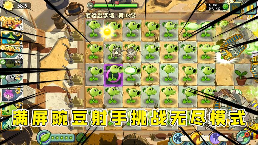 植物大战僵尸:半仙满屏种满豌豆射手挑战无尽模式还没过瘾就赢了