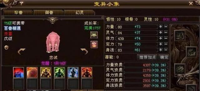 天龙八部第一小象力量体力均资质高达4300理想型附体珍兽