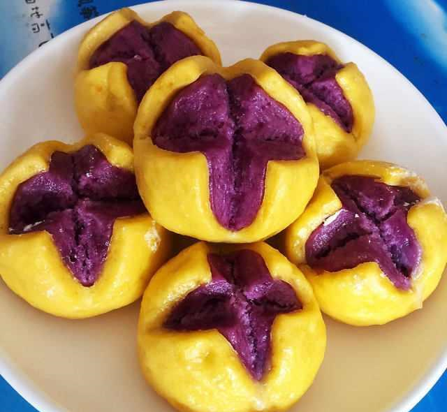 两个紫薯,在家就能做出高颜值的开花馒头,好吃又健康|紫薯|南瓜|面团