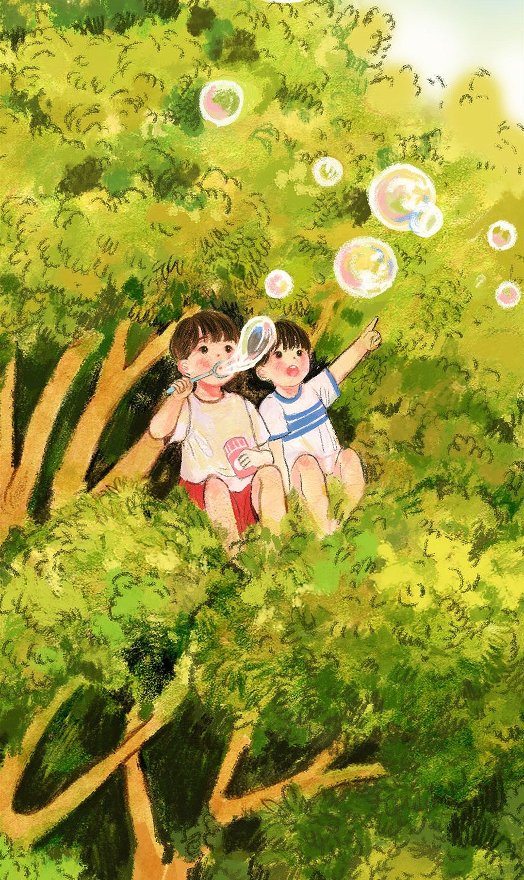 充满童趣的田园风壁纸,郁郁葱葱的绿植让人心情舒畅,小人儿更萌