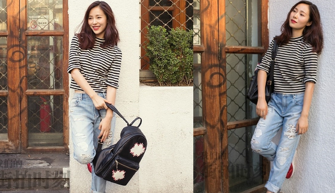 江一燕现身街头条纹t恤配破洞牛仔裤简单搭配穿出时髦感
