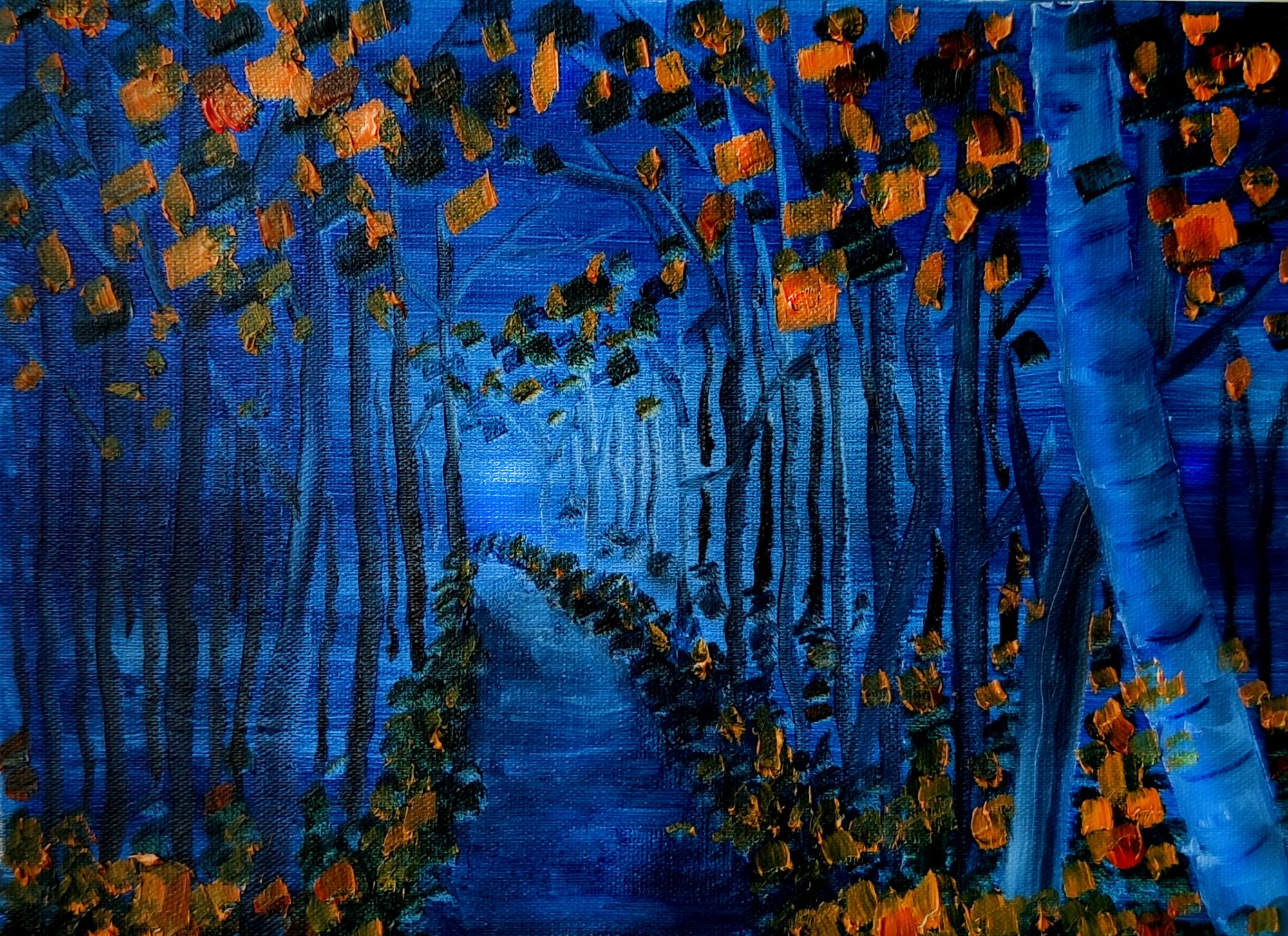胡维平油画作品《月光下的小树林》