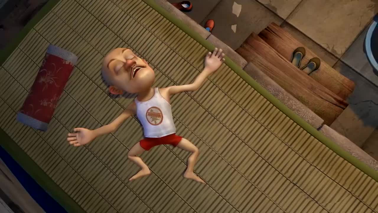 光头强正在床上睡觉,肥波突然趴到他脸上,还把他给挤下床