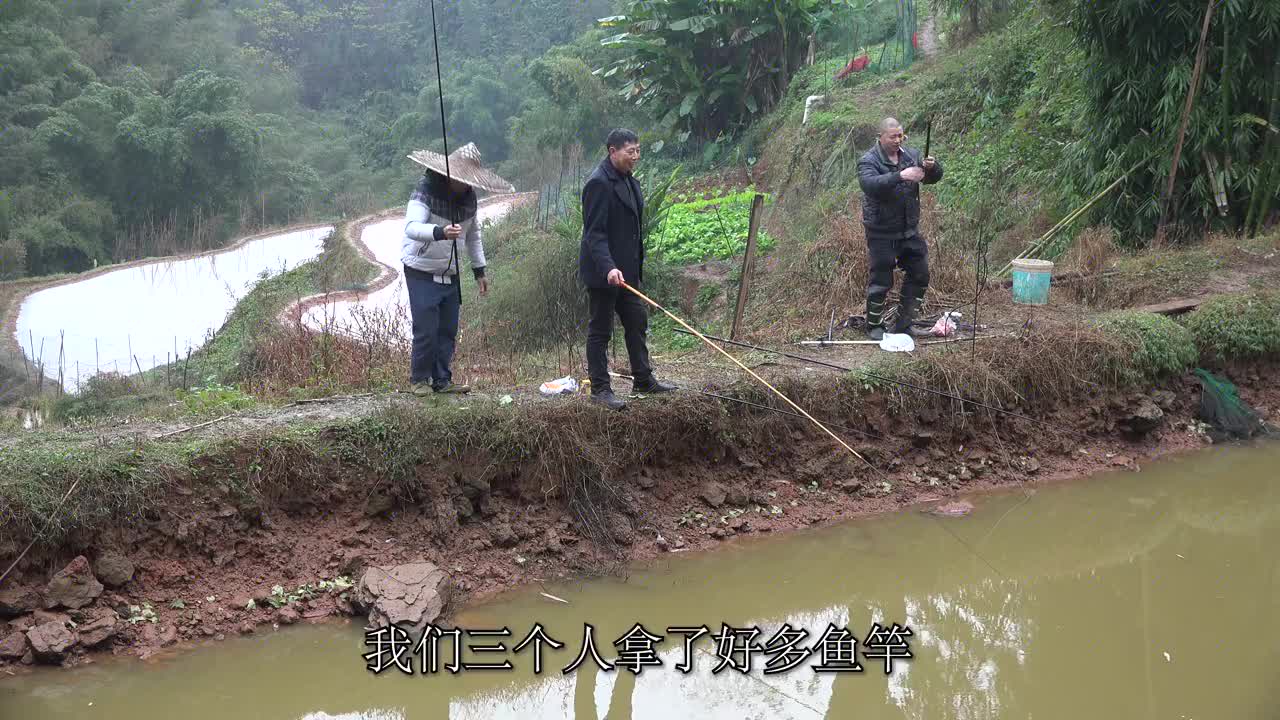 刘老九和五哥还有吴六哥钓鱼,准备了七八根鱼竿,结果就钓两条鱼