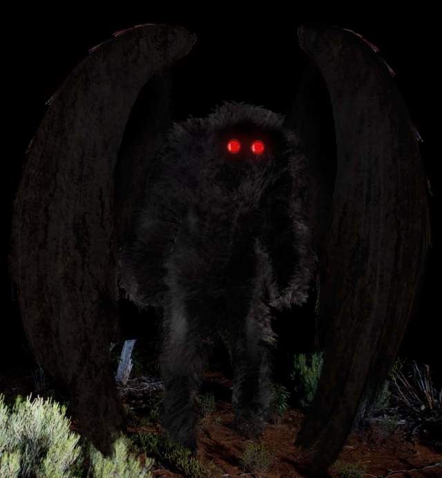 它有巨大的翅膀和发光的红色眼睛,像自行车的反光镜一样盯着黑暗.