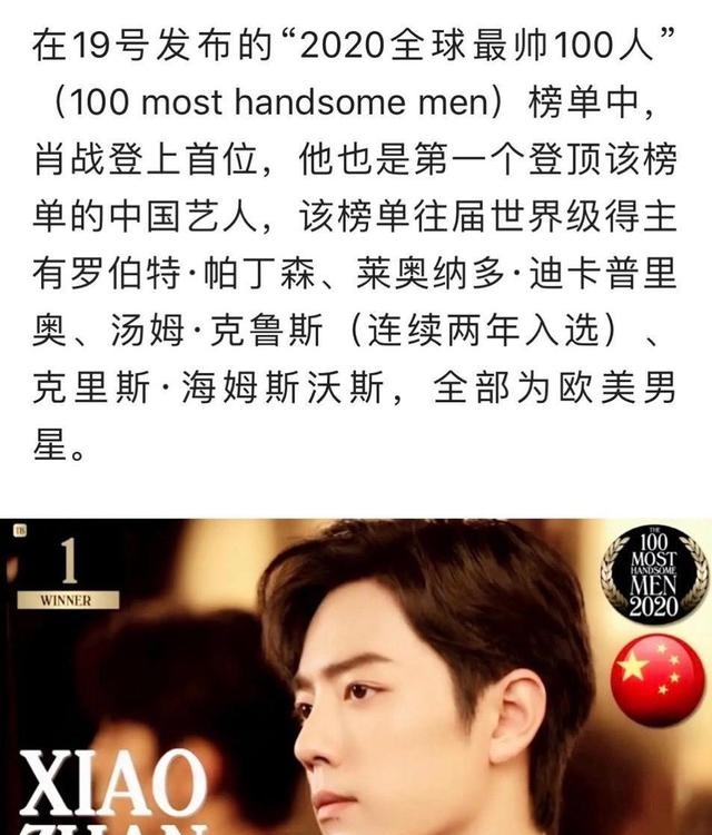 肖战夺下2020年全球最帅100人冠军,成首次登顶该榜单中国艺人