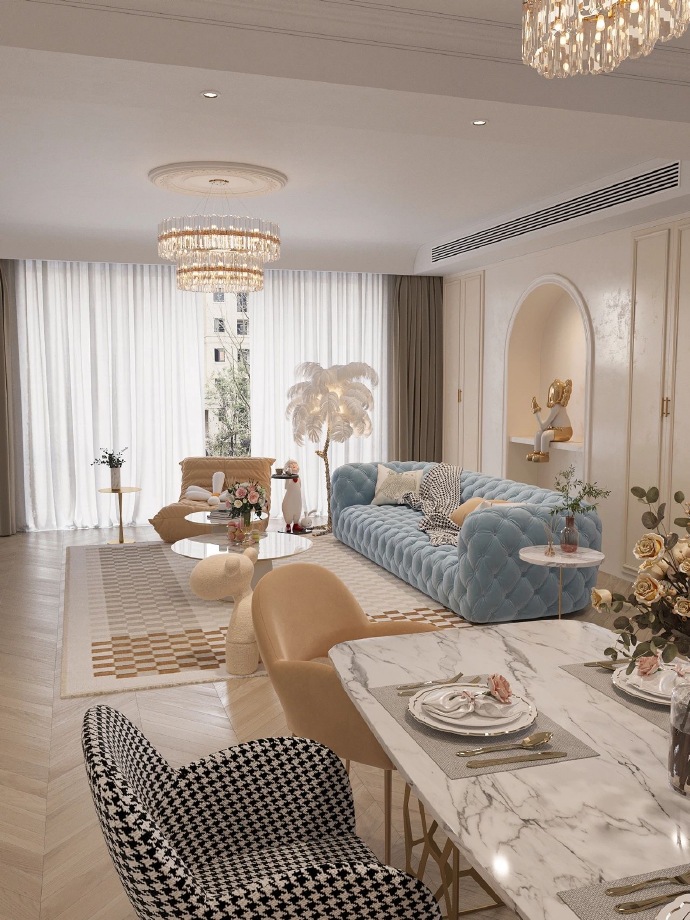 轻法式奶油风客餐厅设计效果