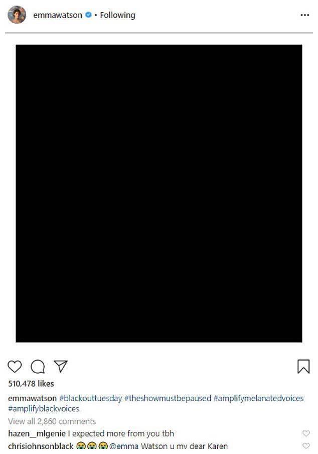 艾玛沃森加入明星行列发纯黑图片却加上白框粉丝表示很失望