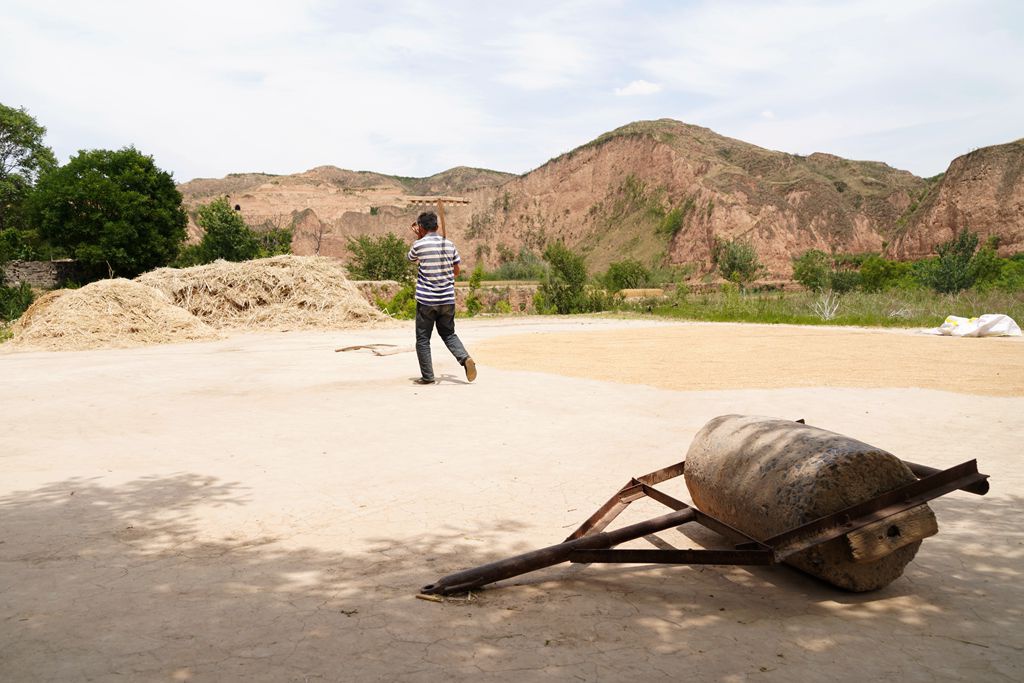 场上放着一个长轱辘一样的农具,农民大叔把它叫碌碡,以前用石头做成