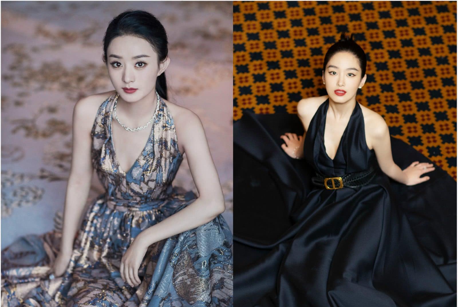 都是v领挂脖长裙,当赵丽颖碰上杨采钰,网友:气场没得比