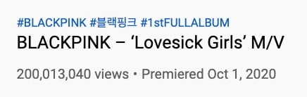 BLACKPINK的《Lovesick Girls》MV点击量已达2亿！