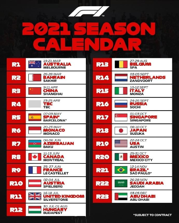 f1| 2021年f1初版赛历正式公布