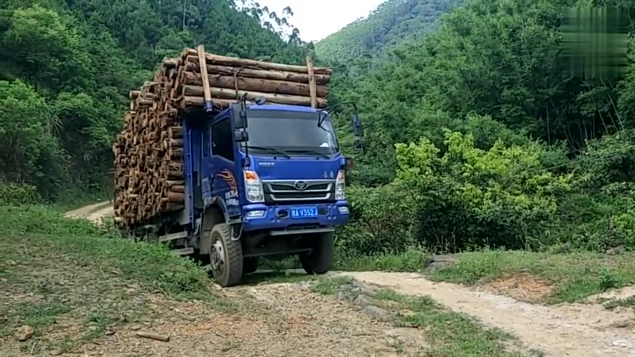 监控:货车司机太给力了,拉这么多木头走山路都无压力!