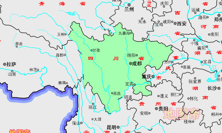 四川省位置图河北省有些特殊,如果不仔细看,感觉河北省只有五个邻省