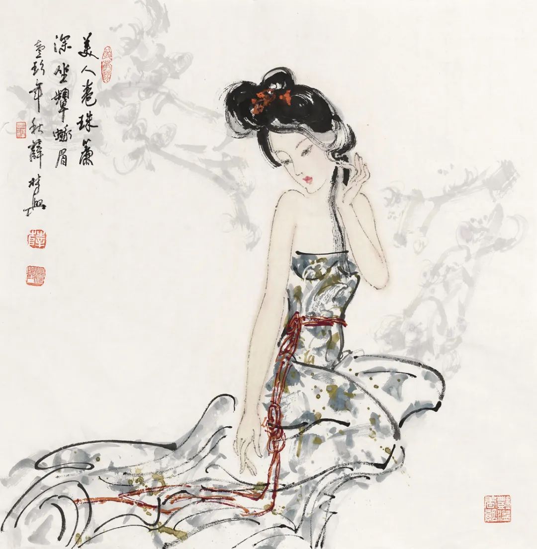 薛林兴画人难画手娥娥理红妆纤纤抬素手