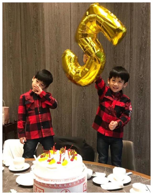 林志颖夫妇庆双胞胎儿子满5岁,双子星穿兄弟装切蛋糕,越长越帅