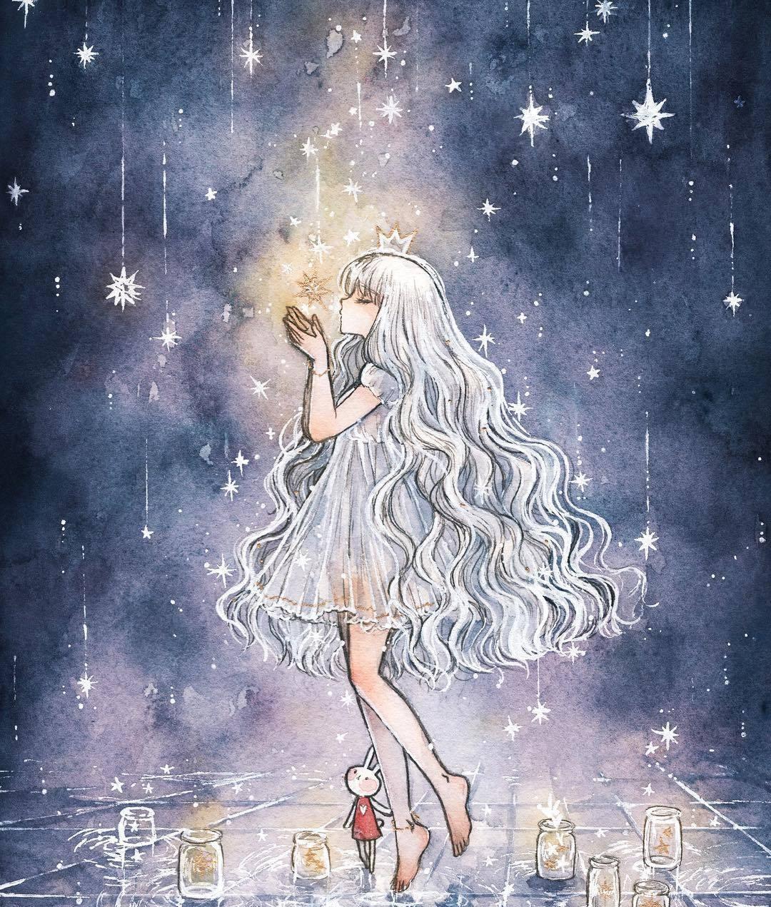 温柔的星星少女插画,微弱的星光也会绽放光芒,梦幻唯美