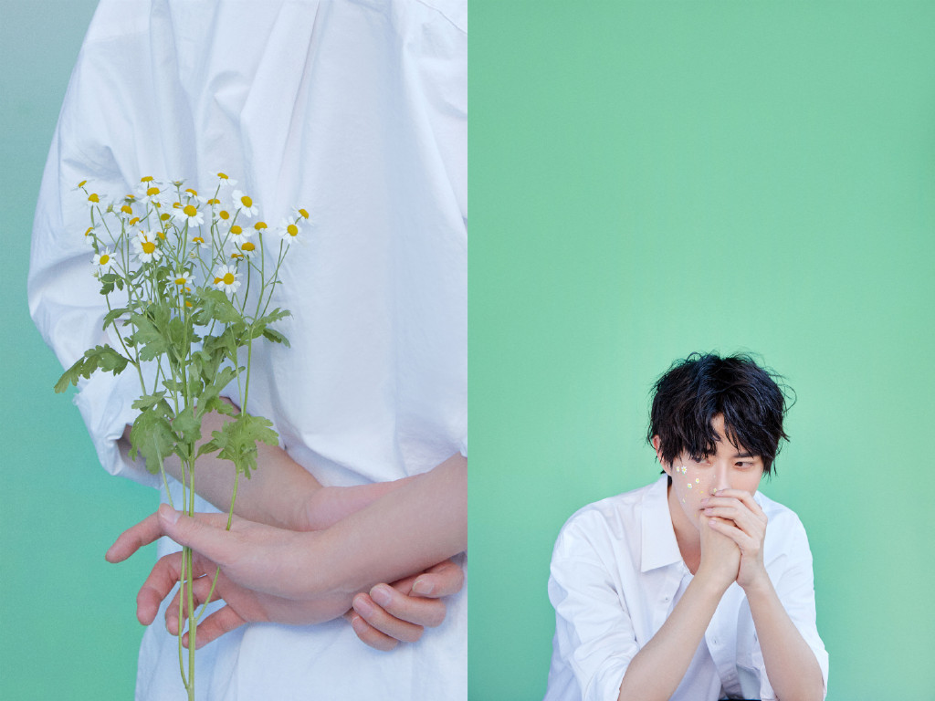 于朦胧手拿小雏菊化身春日美男,白衬衫搭配牛仔裤,帅气明朗