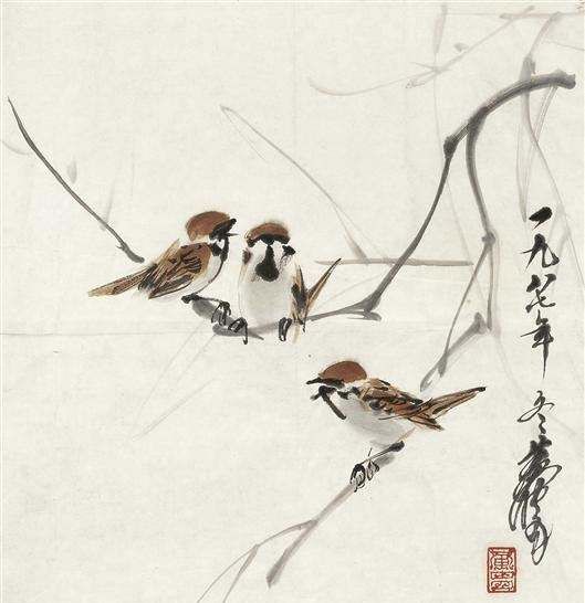 黄胄的麻雀图,只需一只就能感受春到江南,和郑乃珖合作更是绝品_高清