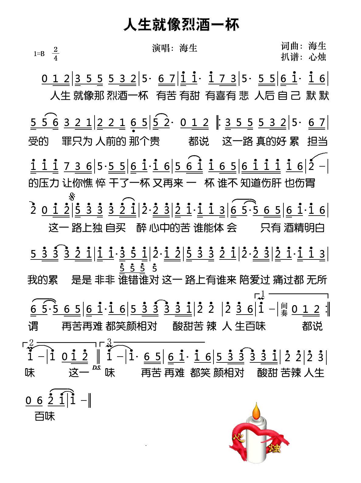 《人生就像烈酒一杯》喝罢也要与明天面对(简谱 赏荐)