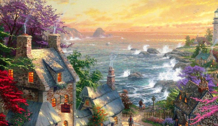 油画:一组以夕阳满天,风景超级棒的油画图片分享