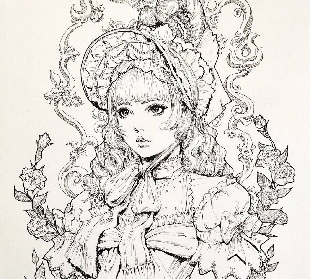 黑白少女线稿,服饰洋气可爱,精致的洛丽塔风格_高清图集_新浪网