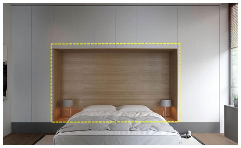 还是我聪明,床头背景墙打一整圈落地柜,两侧留空置物,实用方便